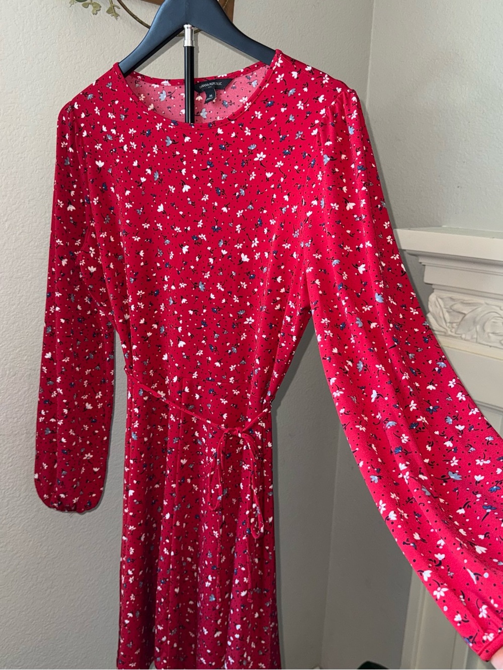 Banana Republic Red Floral Long-Sleeve Tie-Waist Dress Size M - Picture 4 of 9